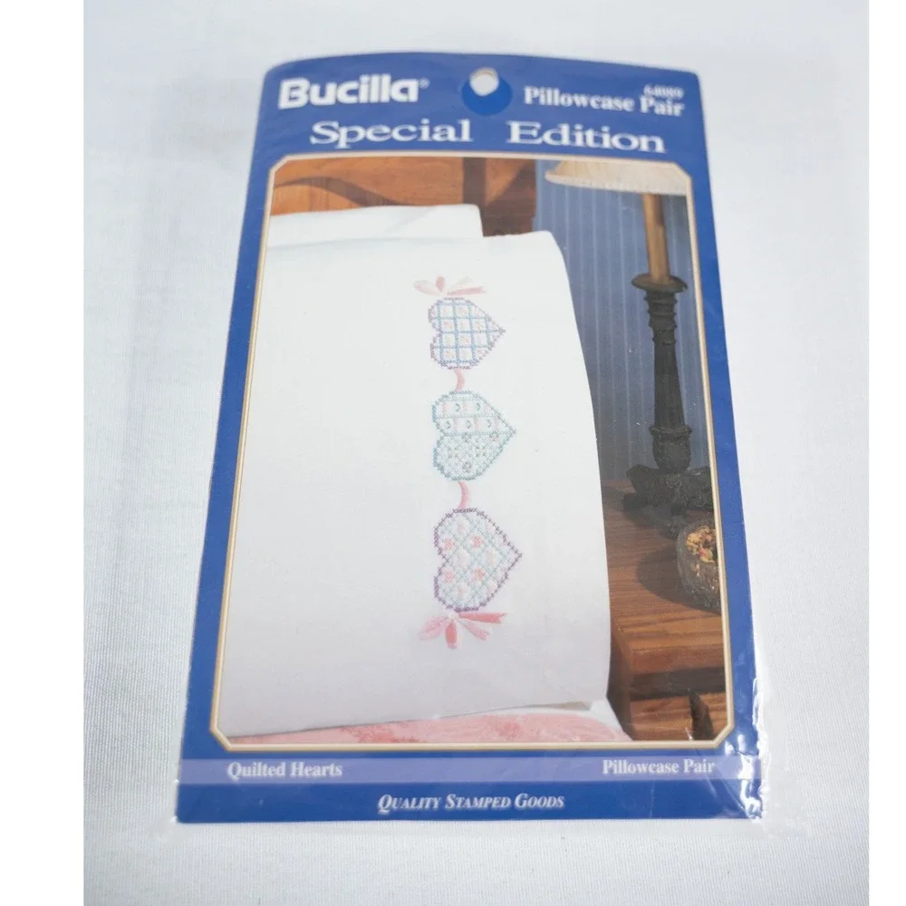 Bucilla Embroidery Kit Pillowcase Standard White NEW Quilted Hearts 64089 Pair
